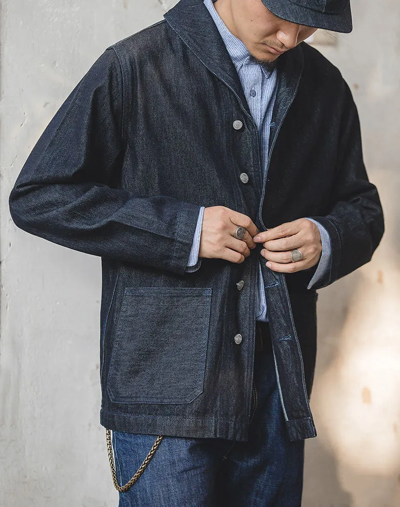 American Suit Washed Denim Hunting Lapel Men's Coat