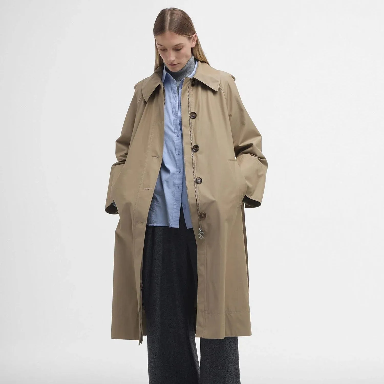 Barbour Beatrix Showerproof Trench Coat In Trench/Sky Tartan