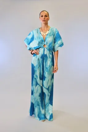 Blue Combo V-Neck Drop Shoulder W/ O-Ring Attached Pleated Jumpsuit