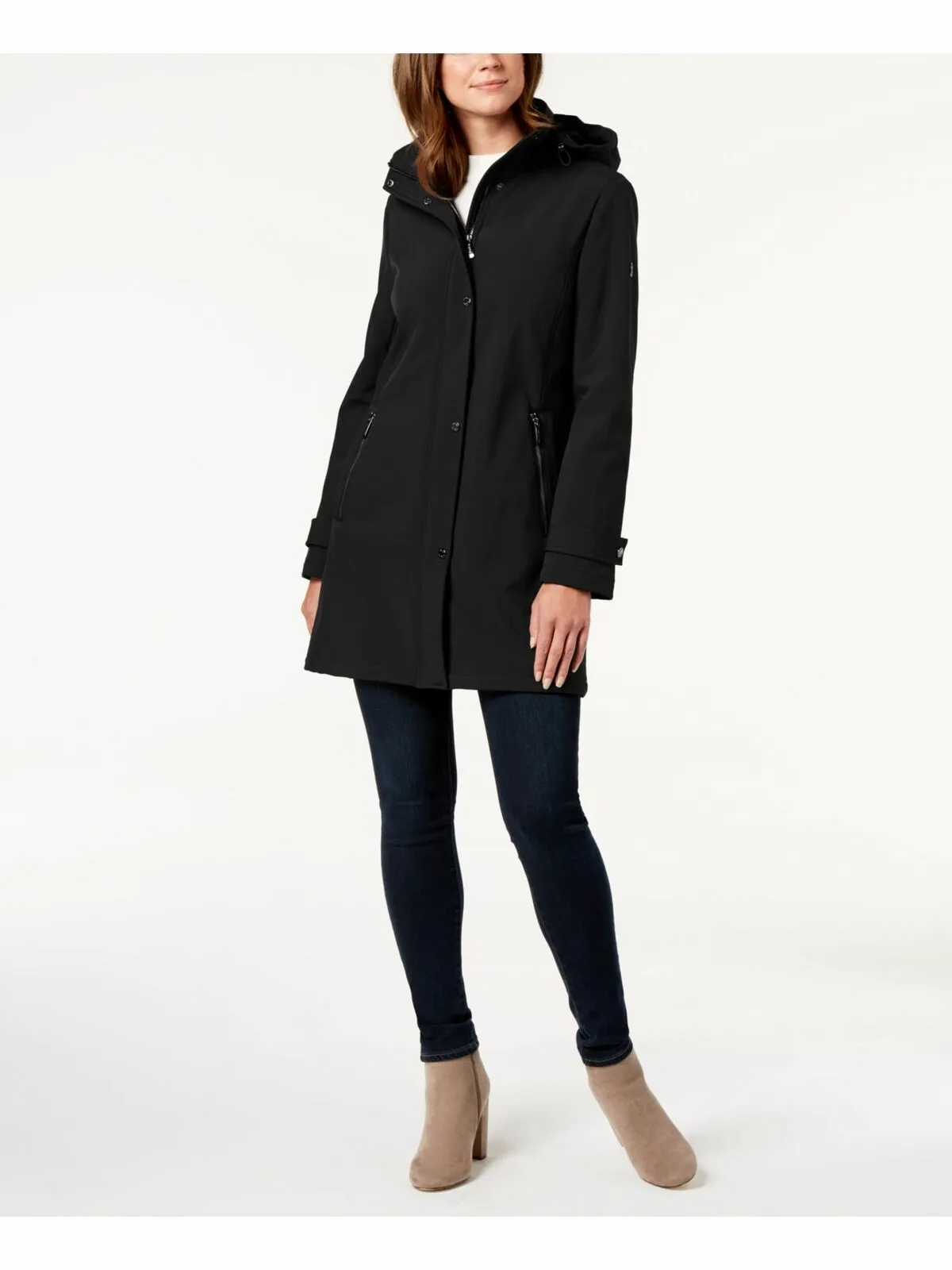 CALVIN KLEIN Women’s Pocketed Peacoat Hood Soft-shell Coat Color Black Size XS