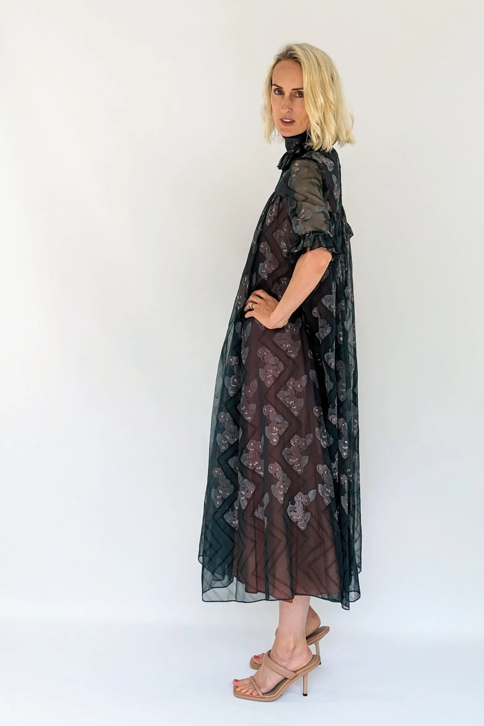 Early 1970s Jean Varon Vintage High Neck Prairie Smock Dress