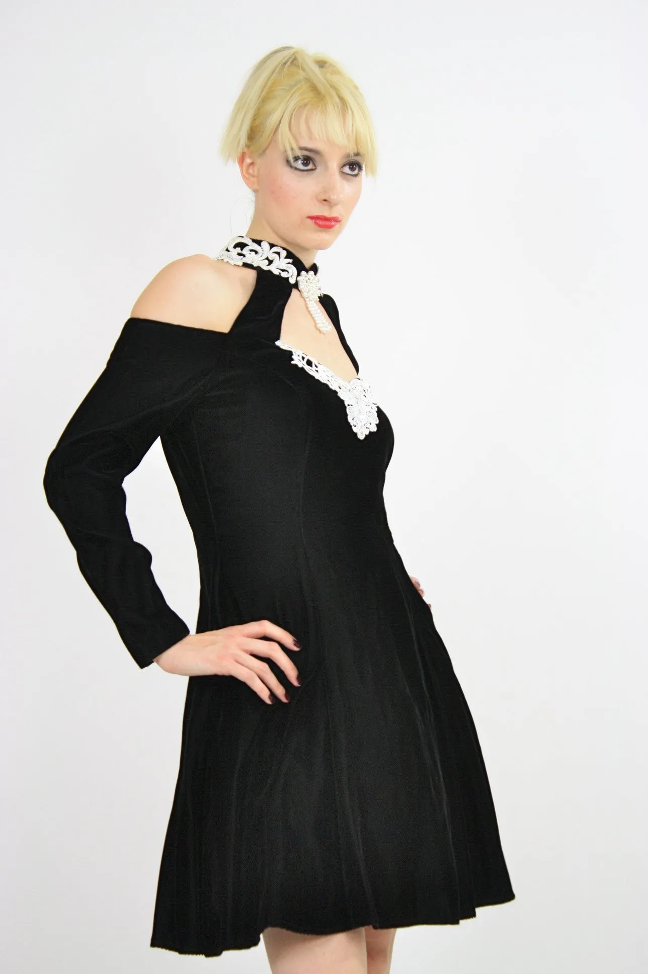 Genuine vintage 80s 1980s beaded velvet cut out party mini dress