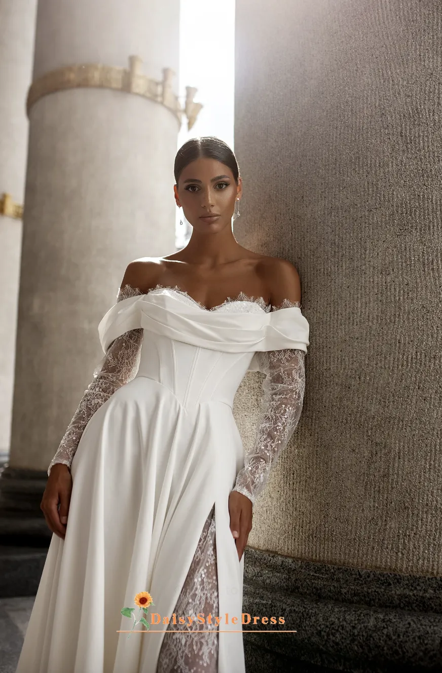 Slit Off Shoulder Long Sleeve Wedding Dress